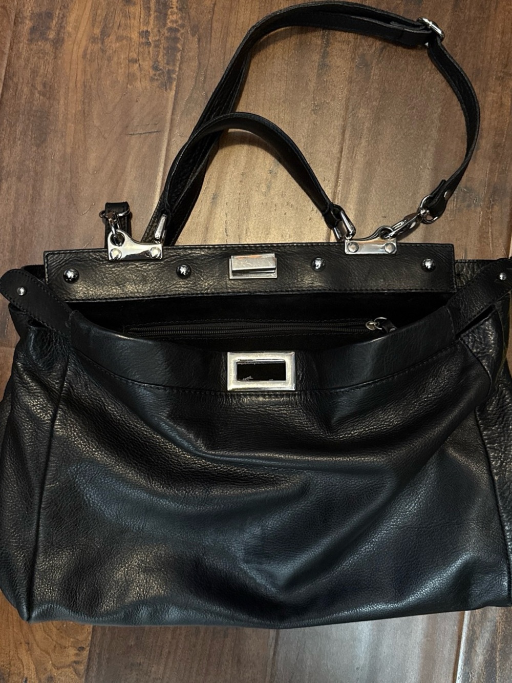 Black Leather Top-Handle Peekaboo - Picture 2 of 6